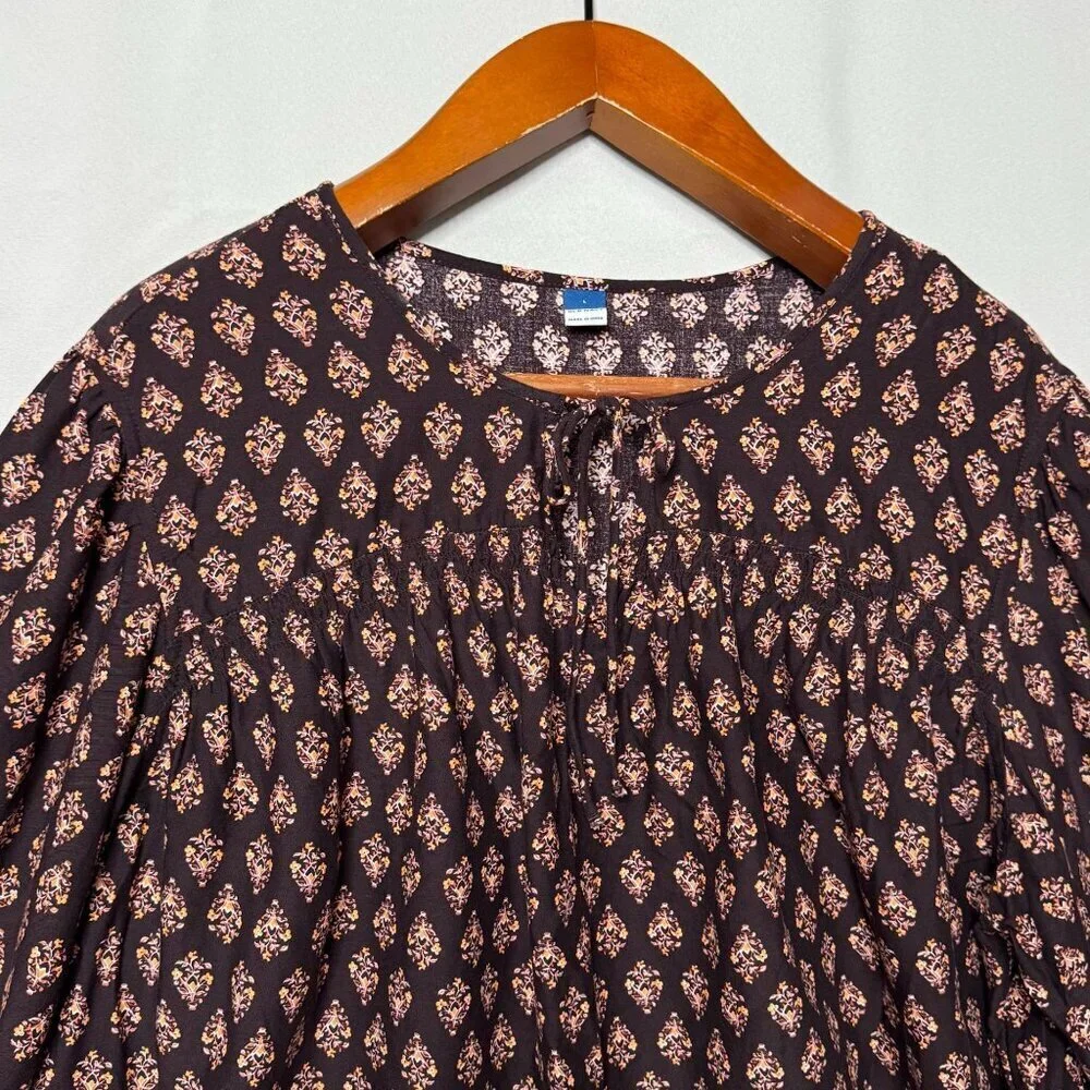 Old Navy Long Ballon Sleeve Smocked Brown Printed Poet Peasant Blouse Size Large